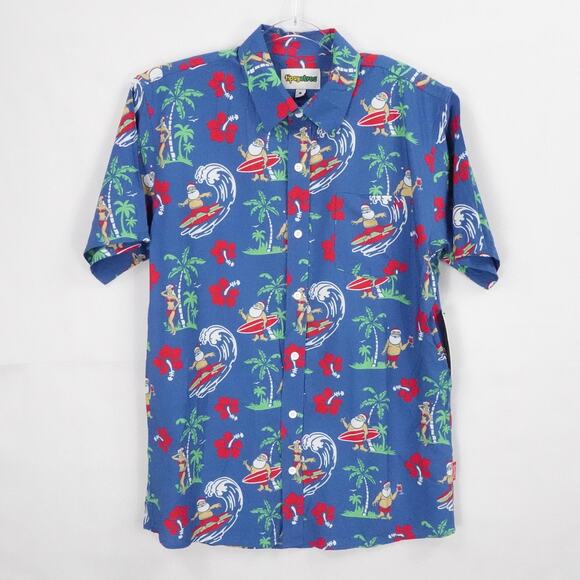 Tipsy Elves Shirt Mens Large Blue Surfs Up Santa Hawaiian Christmas Party Casual - Picture 1 of 16